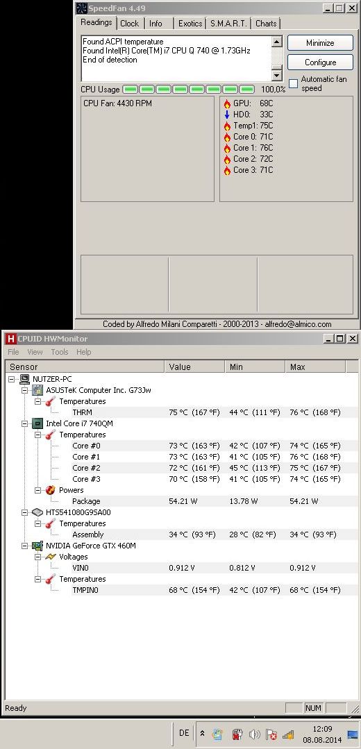 Die Kuehler im Asus G73JW wurden gereinigt und jetzt ist das Gerät viel Kuehler.